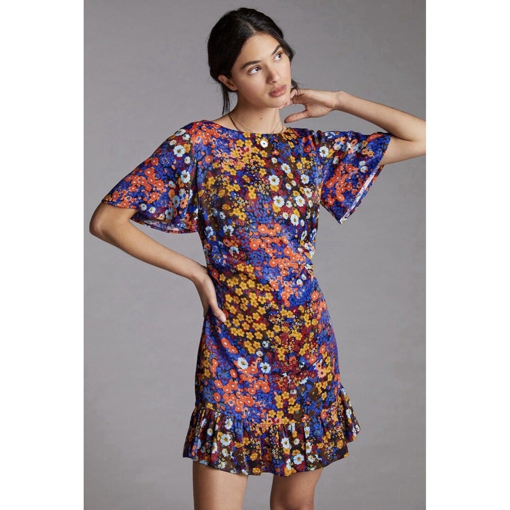 ANTHROPOLOGIE Women’s New Ruffled Satin Mini Dress 6 Floral‎ Multicolor Back Tie